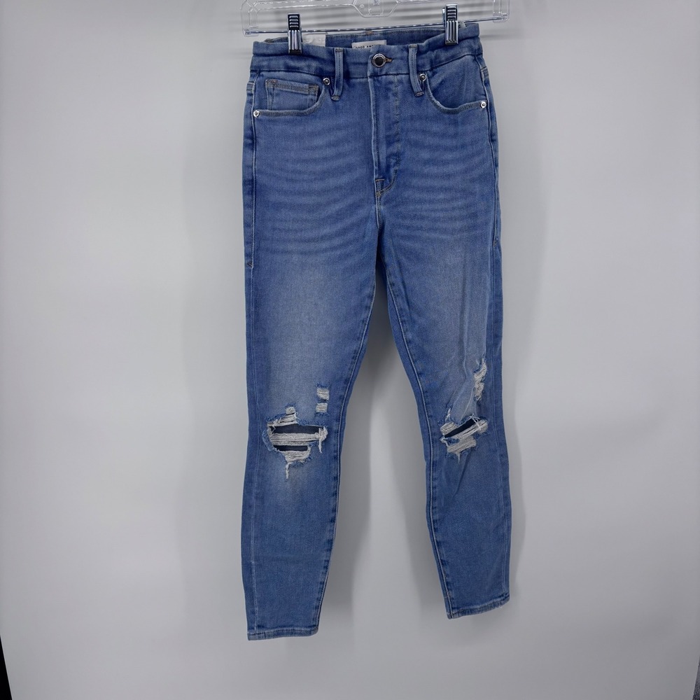 Good American Ripped High Rise Skinny Jeans Light Wash Denim Distressed